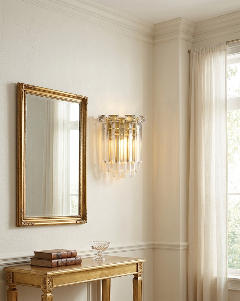 Gstaad Layered Tiered K9 Crystal Wall Light - K9 Crystal, Custom Gold or Serene Black Trim - Bathrooms, Bedrooms