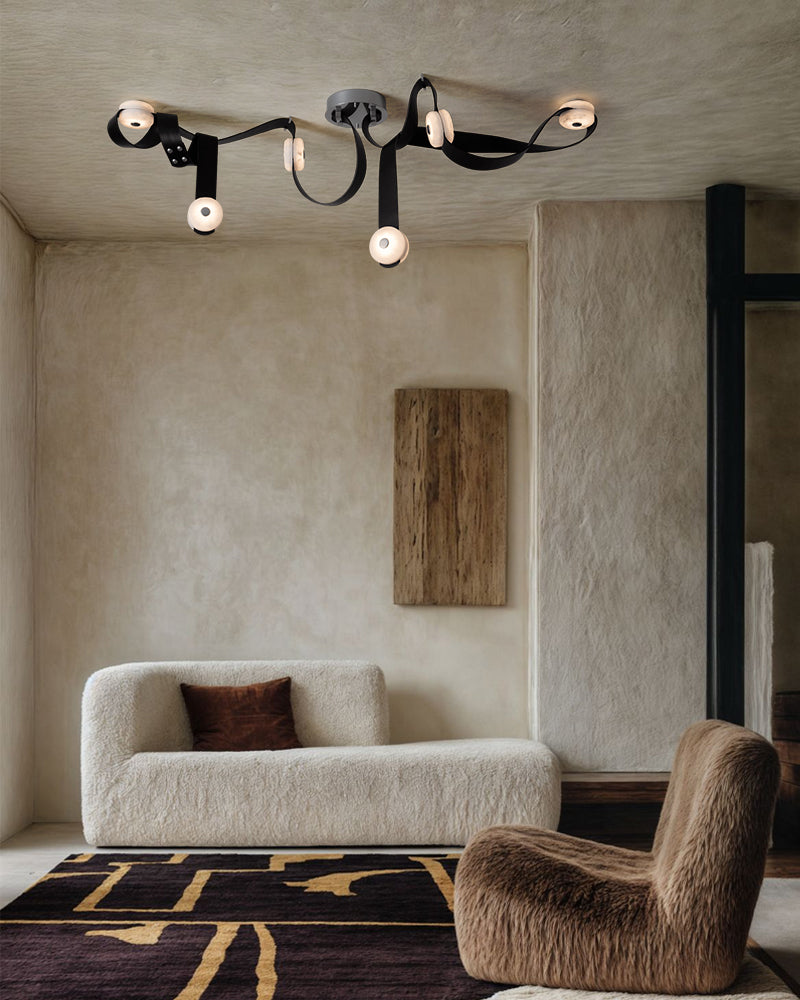 LED Mini SNAPS Module Ceiling Alabaster Pendant Light with Brown Leather Straps