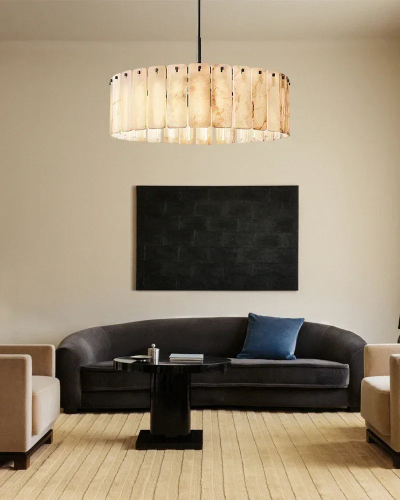 Winchester Series Geometric Chandelier | Round Handcrafted Solid Onyx Panels, Lacquered Burnished Brass for Modern Living Rooms and Dining Areas American chandelier