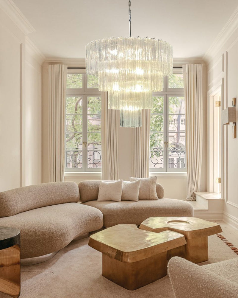 Classic Murano Transparent Glass Tube Chandelier Brushed Gold & Chrome Frame