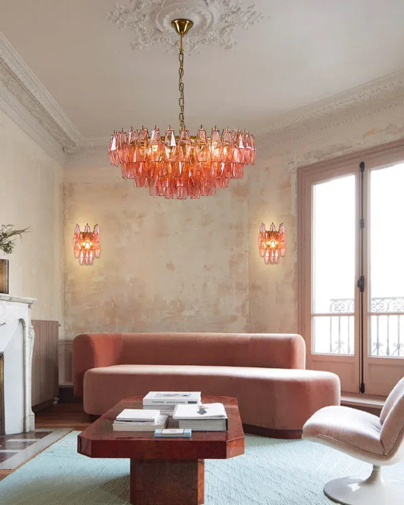 LightsStory Series Refractive Wall Light | Tiered Handblown Glass Handblown glass polyhedrons on a tiered steel frame, Lilac handblown glass with steel frame for Luxury bathrooms and vanity areas American Vintage chandelier lamp