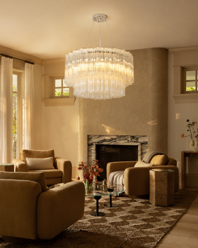 Murano Glass Round Mutil-layers Chandelier - Clear Star Shape Glass - Luxury Living Room