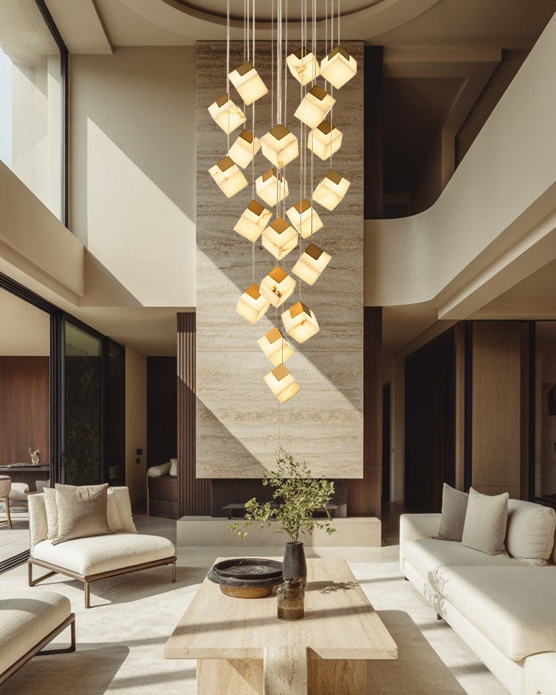 Alabaster Cube Cluster Sculptural Pendant Light - Natural Spanish Alabaster, Lux Gold Trim - Lobby, Foyer, Stairwells and High Ceilings