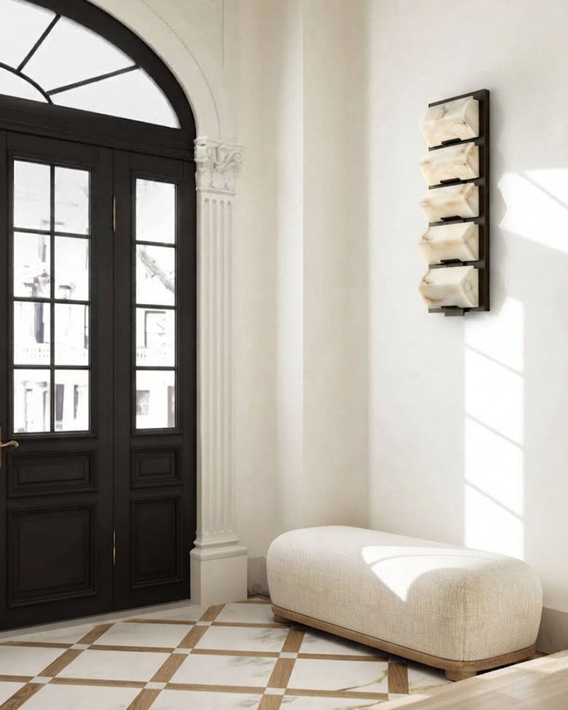 Square Multi Alabaster Wall Sconce - Natural Spanish Alabaster, Matte Brass, Black Trim - Bedrooms, Hallways & Bathrooms