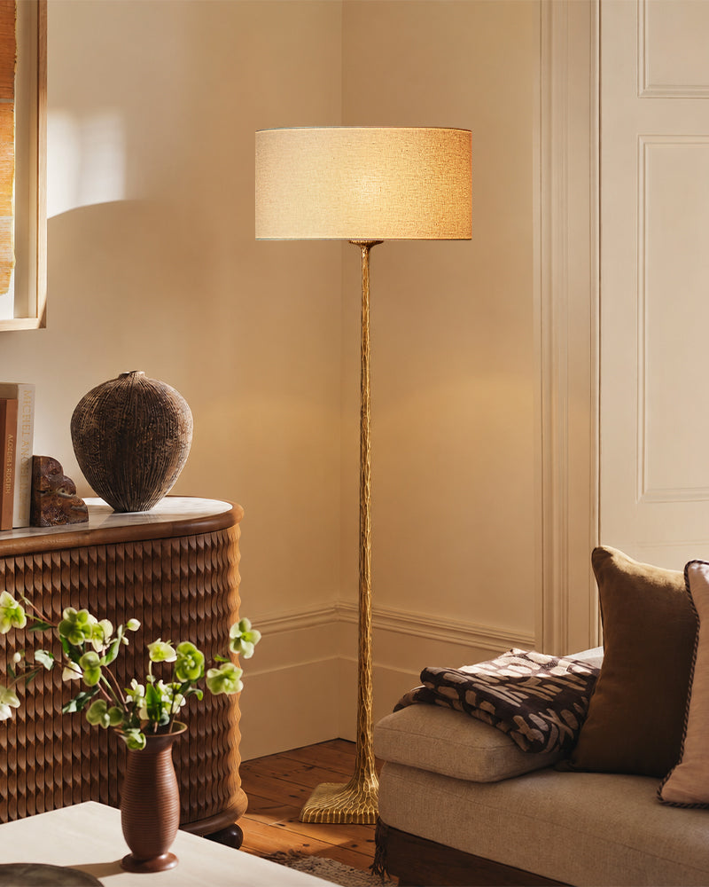 Hammered Brass Tapered Column Drum Floor Lamp - Lux Heritage Brass, Organic Linen Shade - Bedroom & Living Rooms