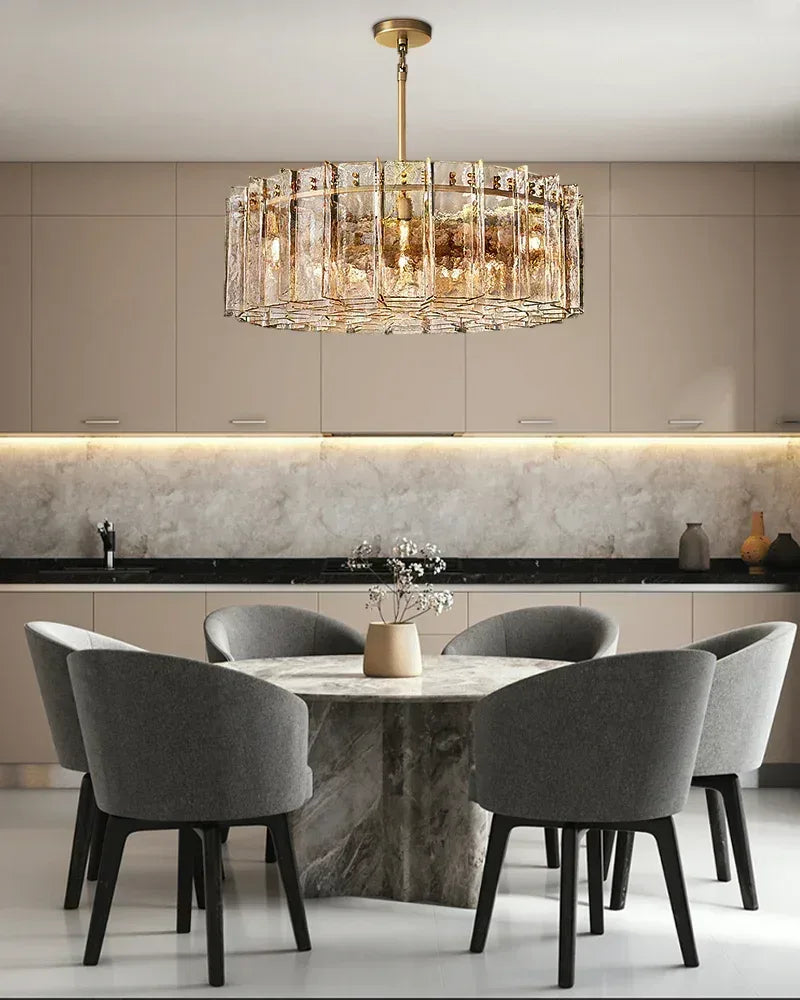 Gordes Series Architectural Chandelier | Interlocking Planes Corrugated sculptural glass, Transparent and smoky glass finish for Entryways, dining areas, and lofts American Vintage chandelier lamp