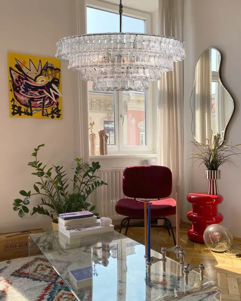 LightsStory Series Ethereal Chandelier | Tiered Round Textured Curved Glass and Aluminum Chain, Plated-Brass or Black Accents for Dining Rooms and Living Areas American chandelier