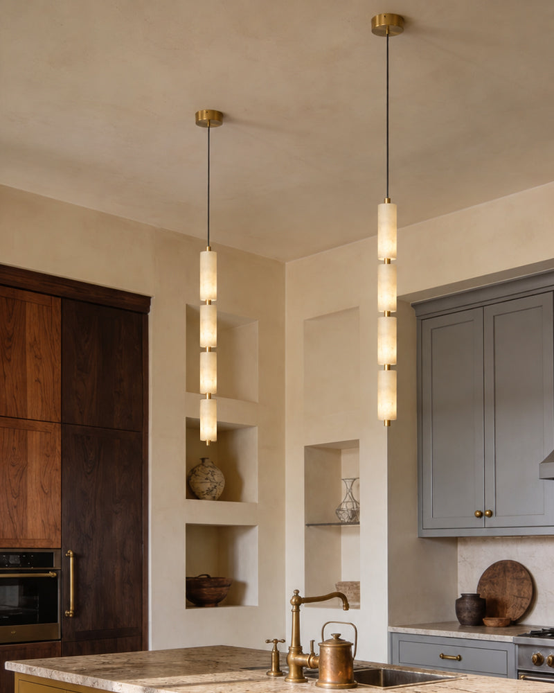 Brass-canopy pendant light cluster with vertical alabaster cylinder glass shades