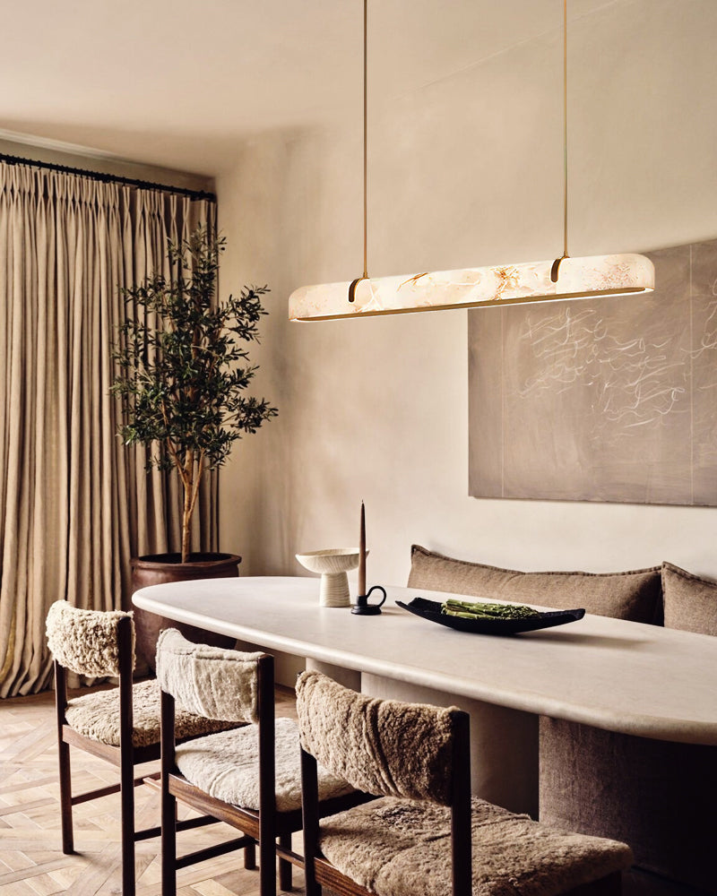 Alabaster Linear Capsule Chandelier - Natural Spanish Alabaster, Lux Gold Trim - Kitchen Islands & Dining Rooms