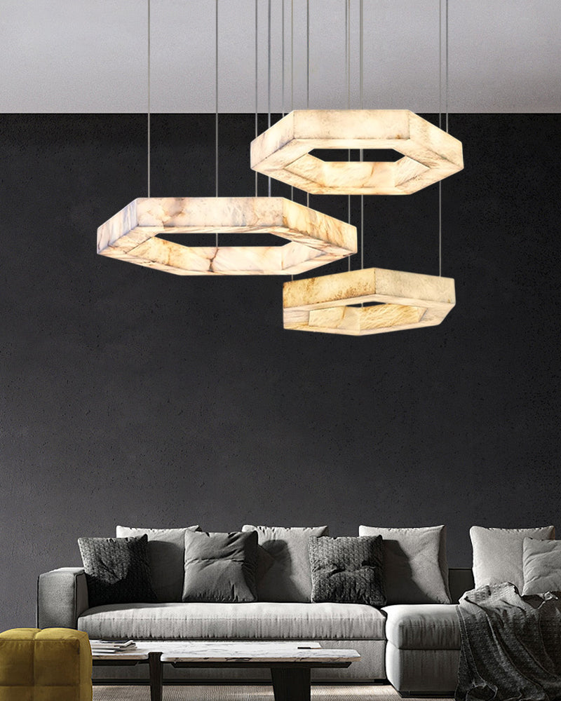 Hexagon Marble Pendant Lamp with adjustable cord & stepless dimming,20“24”31“40” Dia