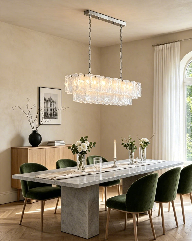 Chiara Murano Glass Contemporary Ethereal White Linear Chandelier - Lux Gold Trim - Kitchen Islands & Dining Rooms