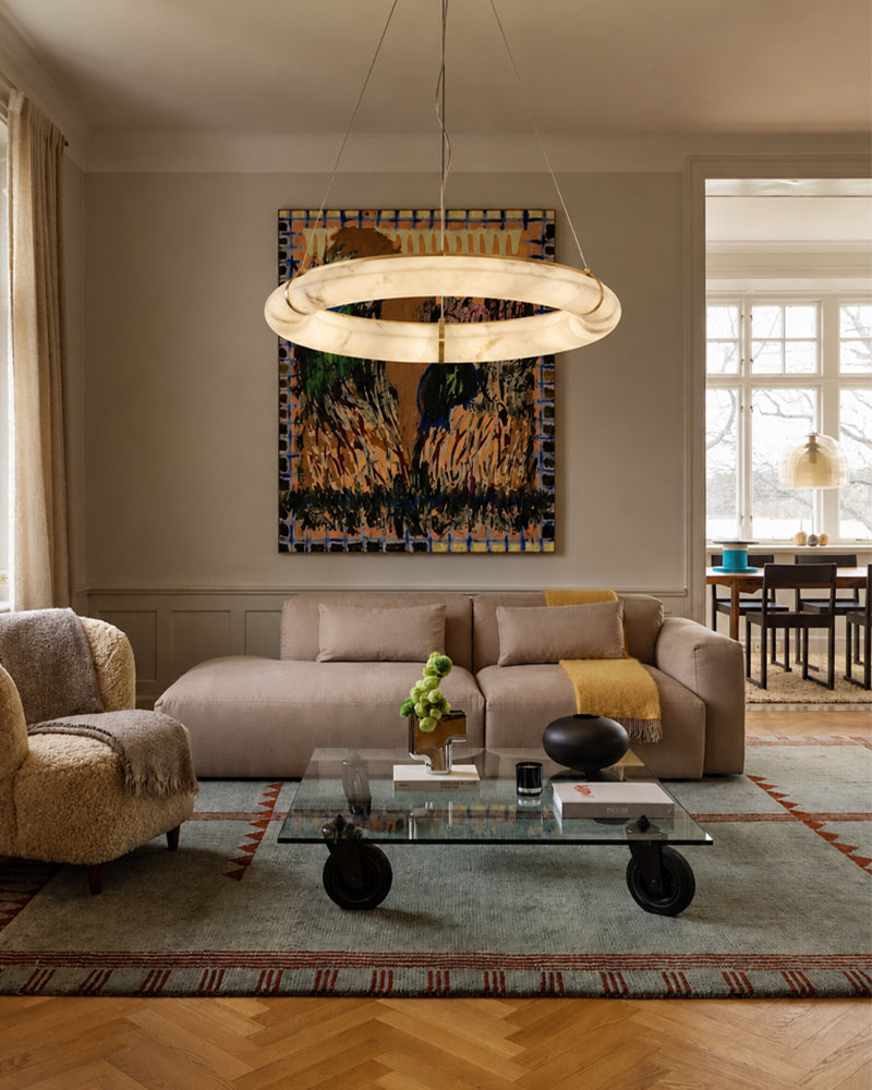 Cora Alabaster Circular Halo Suspended Ring Chandelier - Natural Spanish Alabaster, Lux Gold Trim - Living Rooms & Dining Rooms