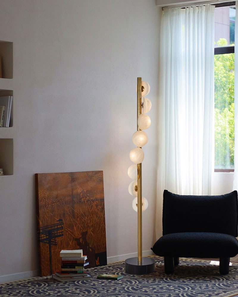 Vertical Brass skinny floor lamp with Alabaster Globes for bedroom, corridor, studying