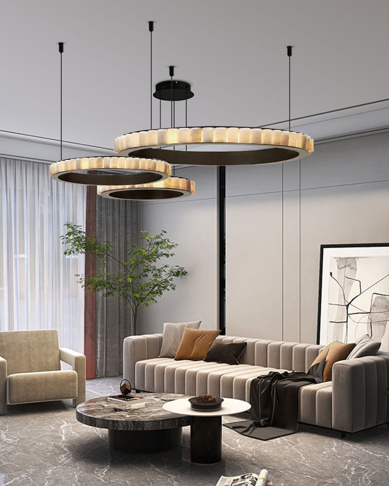 Single/Double/Triple ring pendant lamp in black steel with alabaster shadow for villa lobby living room