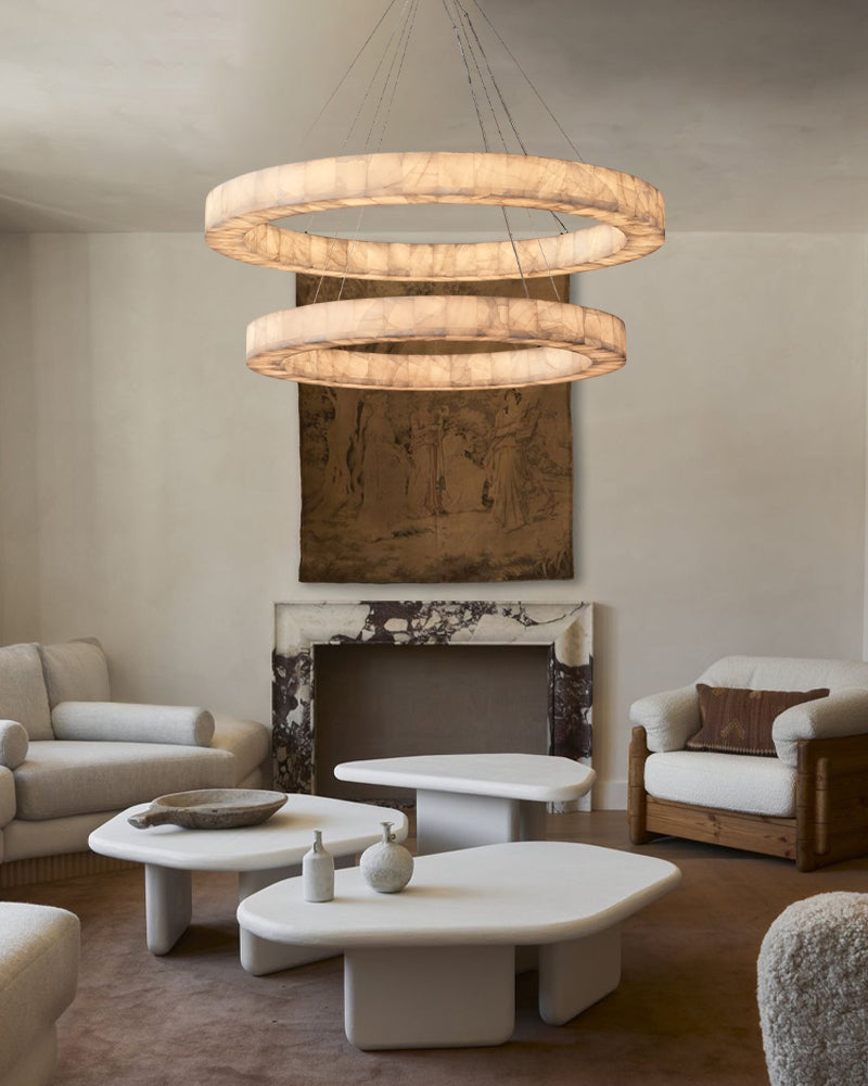 two-tier chandeliers in sitting room