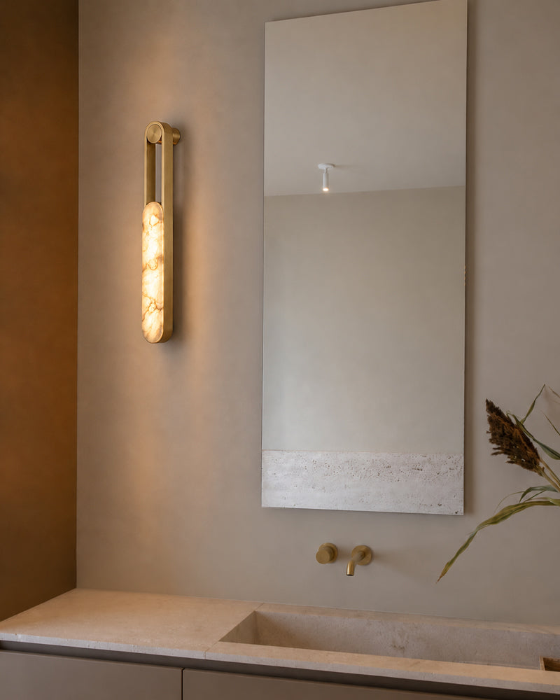 Alabaster Elongated Oval Capsule Gold Mounted Wall Light Sconce - Natural Spanish Alabaster Wall Lamp - Bedroom & Living Room