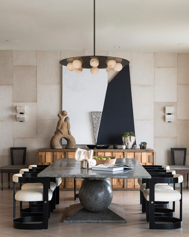 Alabaster Sphere Globes Gold Disc Canopy Pendant Light - Natural Spanish Alabaster Orbs, Lux Gold Trim - Kitchens, Dining & Living Rooms