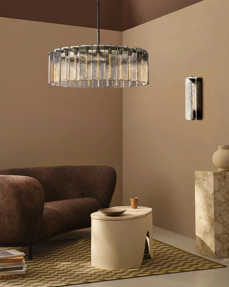 Winchester Series Geometric Chandelier | Round Handcrafted Rippled Cast Glass Panels, Lacquered Burnished Brass and Black for Modern Dining Rooms and Living Spaces American chandelier