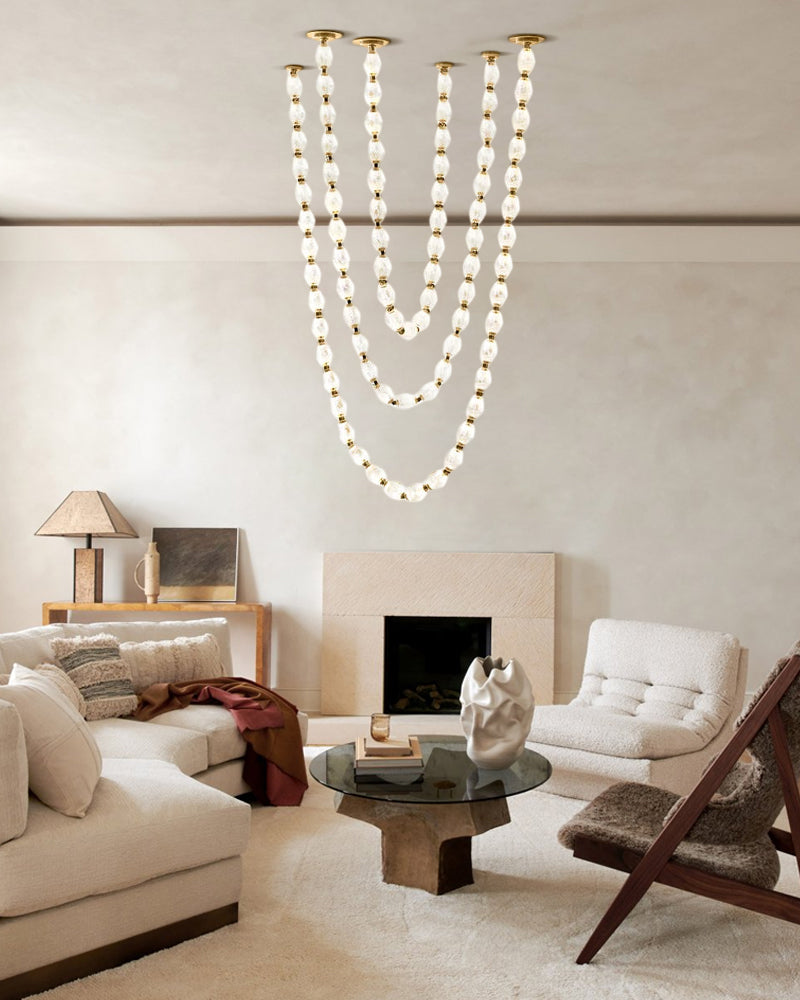 Clairval Glass Bead Rope Hanging Pendant Light - Clear Glass, Lux gold Trim - Lobby, Living Rooms & High Ceilings