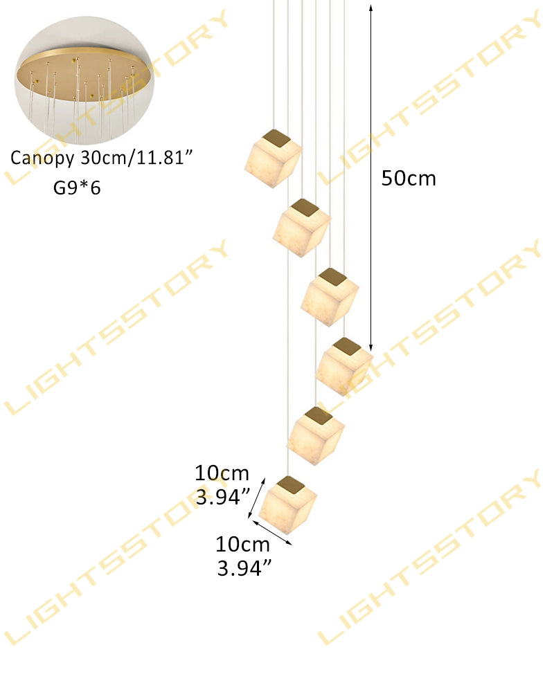 Alabaster Cube Cluster Sculptural Pendant Light - Natural Spanish Alabaster, Lux Gold Trim - Lobby, Foyer, Stairwells and High Ceilings