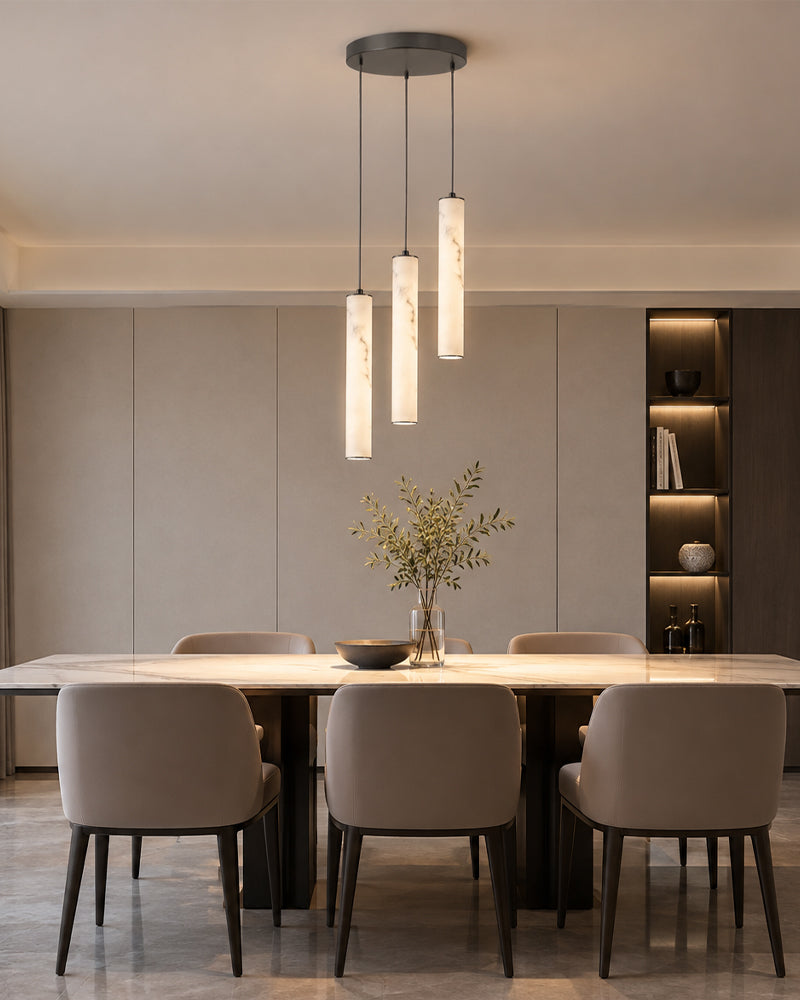 Cora Alabaster Halo Capsule Linear Cluster Pendant Light - Natural Spanish Alabaster, Lux Gold Trim - Kitchen Islands & Dining Rooms