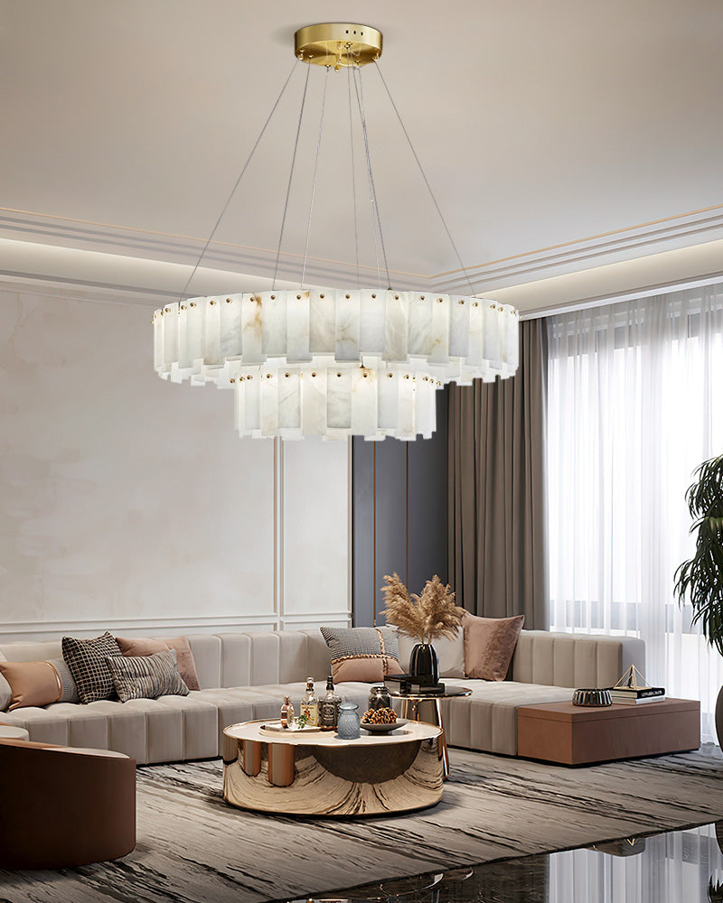 Circle White Alabaster Double Chandelier lamp with three color temperature dimming