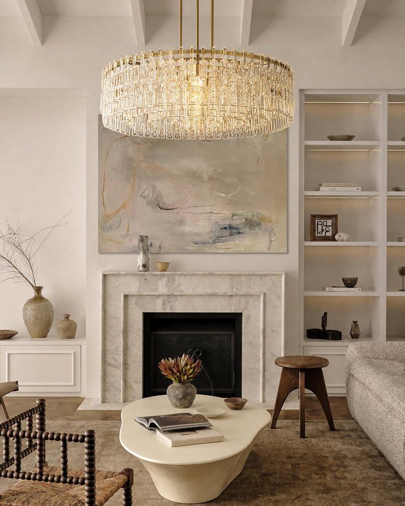 K9 Crystal Multi Tiered Concentric Glass Prism Linear Chandelier - Precision-Cut Crystal, Lux Gold Trim - Kitchen Islands & Dining Rooms