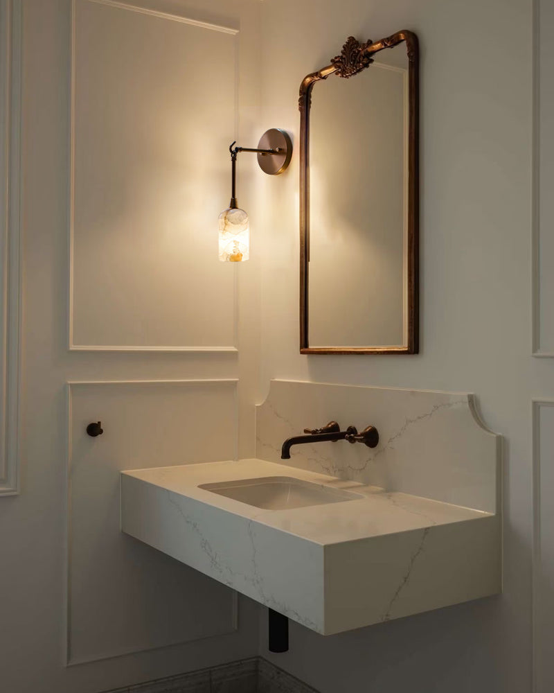 Graceful Alabaster & Brass Wall Sconce | Natural Marble Ambient Light | Mid-Century Modern Luxury Wall Lamp Flush Mounted Wall Sconce Lamp