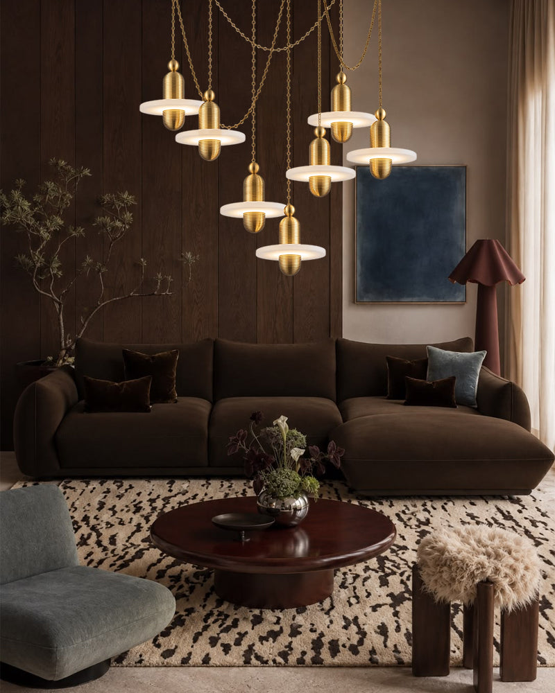 Alabaster Dual Tier Stacked Halo Disc Gold Cluster Pendant Light - Natural Spanish Alabaster, Lux Gold Trim - Living Rooms, Kitchen Islands & Dining Rooms