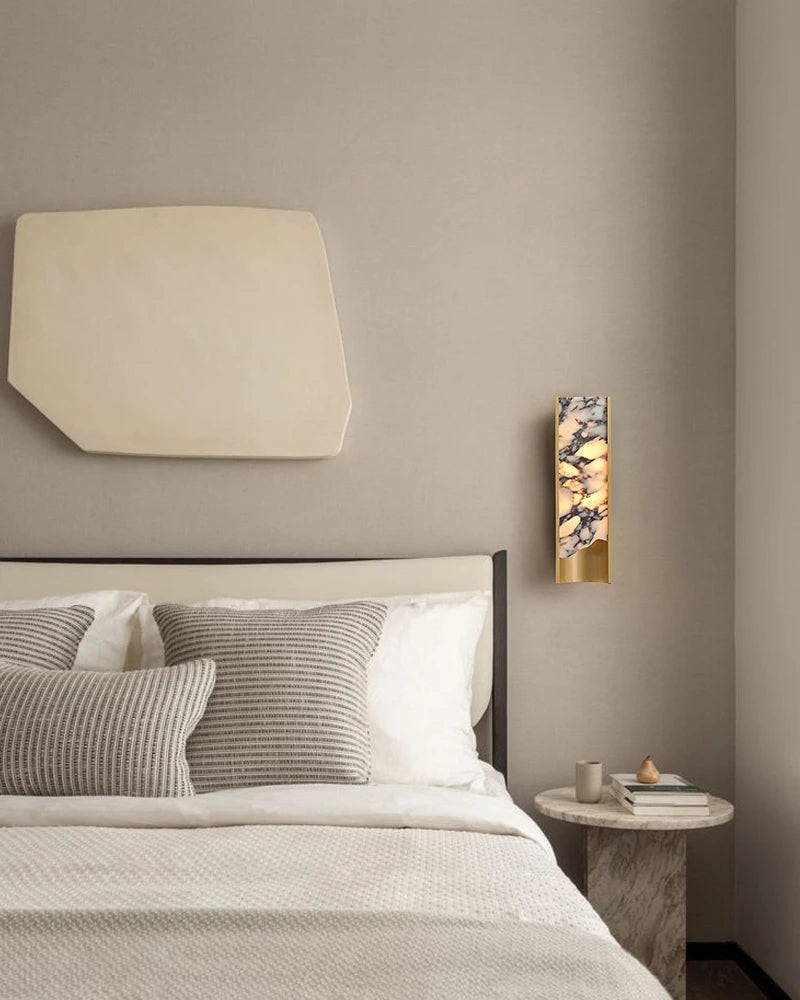 LightsStory Series Alabaster Square Wall Sconces, Natural Stone Brass & Black Metal LED Wall Lights Flush Mounted Wall Sconce Lamp