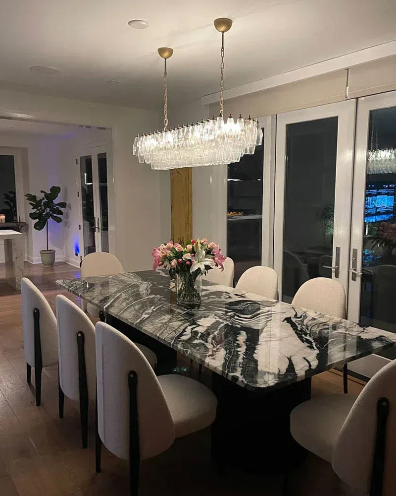 LightsStory Series Ethereal Chandelier | Rectangular Poliedri Hand-blown Murano textured glass, Plated-brass or bronze accents for Dining Rooms and Living Areas American chandelier