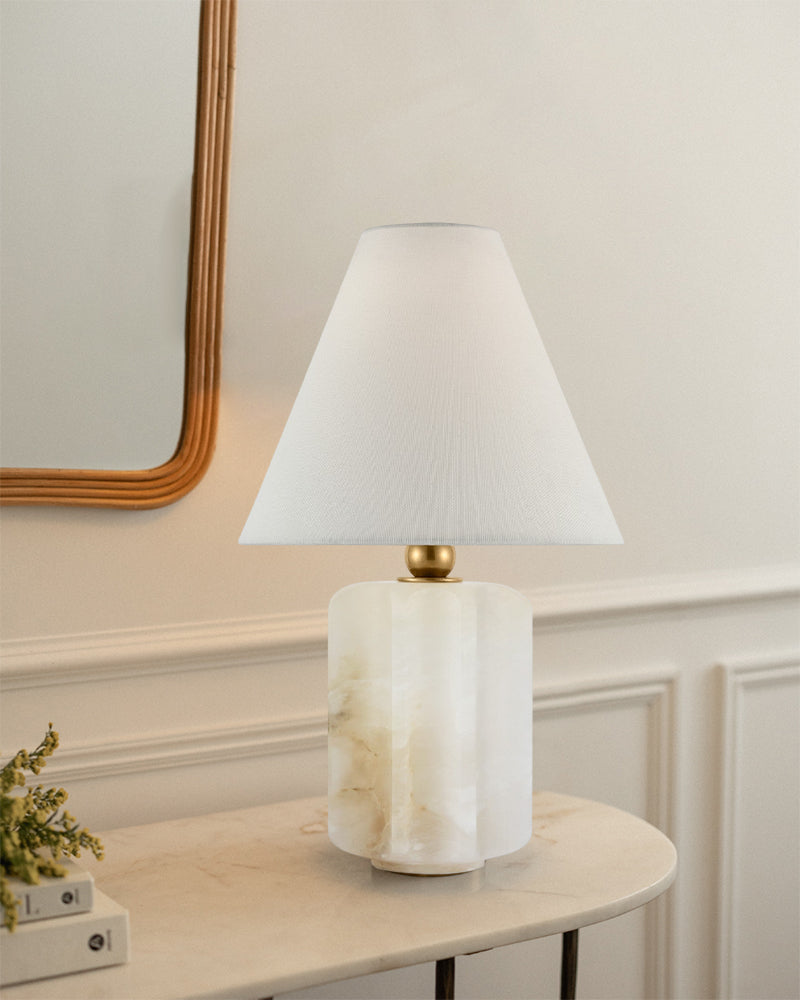 Plug-in Arteriors Everly Alabaster Table Lamp Wide 15" with White Linen Fabric Lampshade
