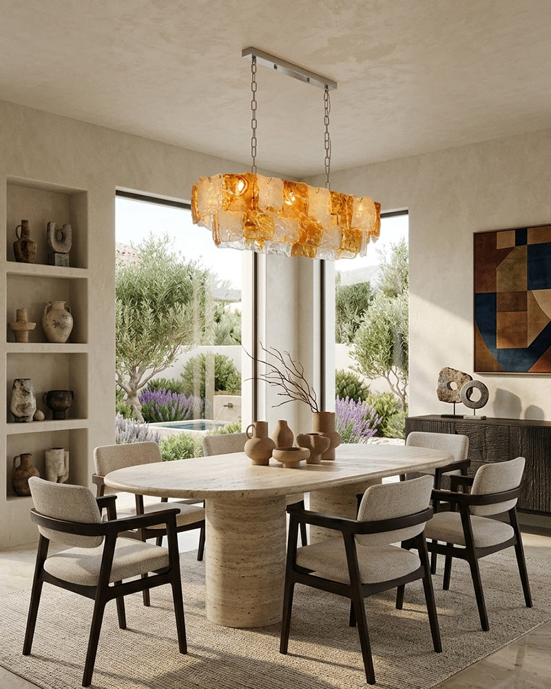 Chiara Murano Glass Contemporary White Amber Panel Linear Chandelier - Lux Gold Trim - Kitchen Islands & Dining Rooms