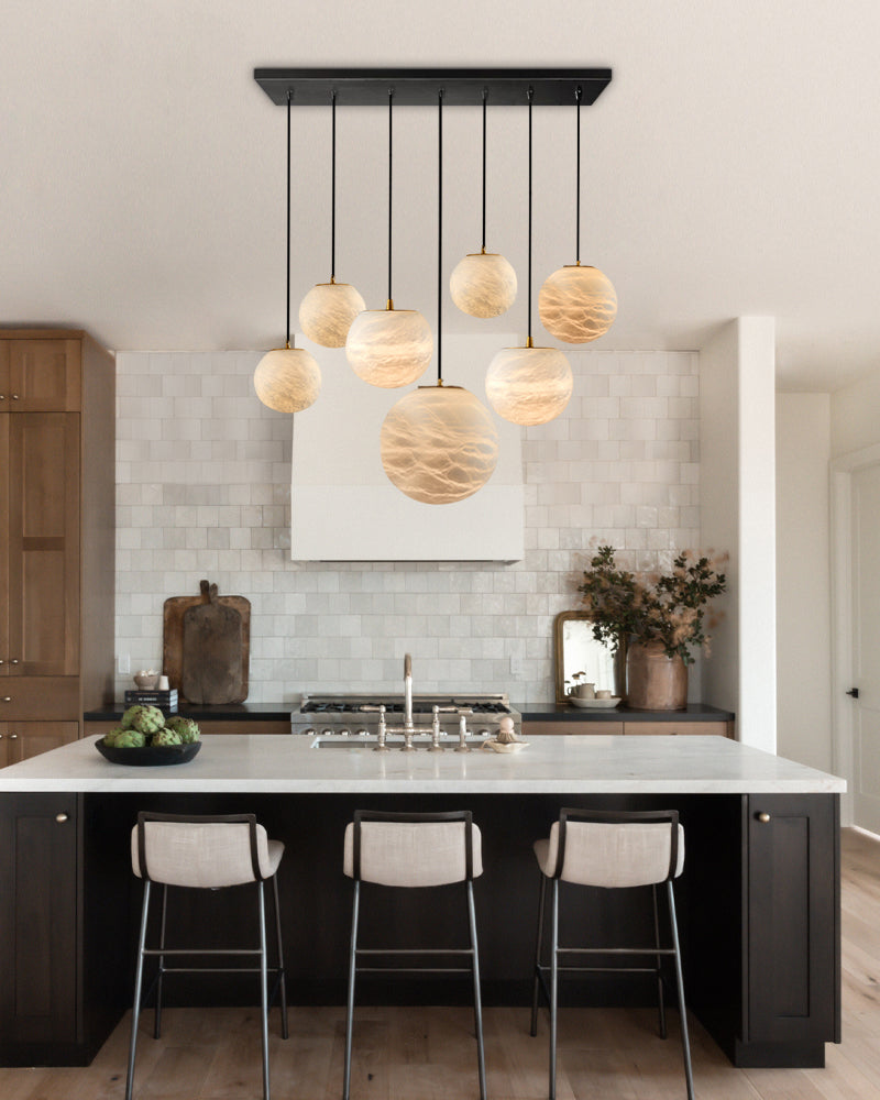 Sculpted Cluster Alabaster Pendant Lamp Collection,9-light, White & Golden Cord 150cm