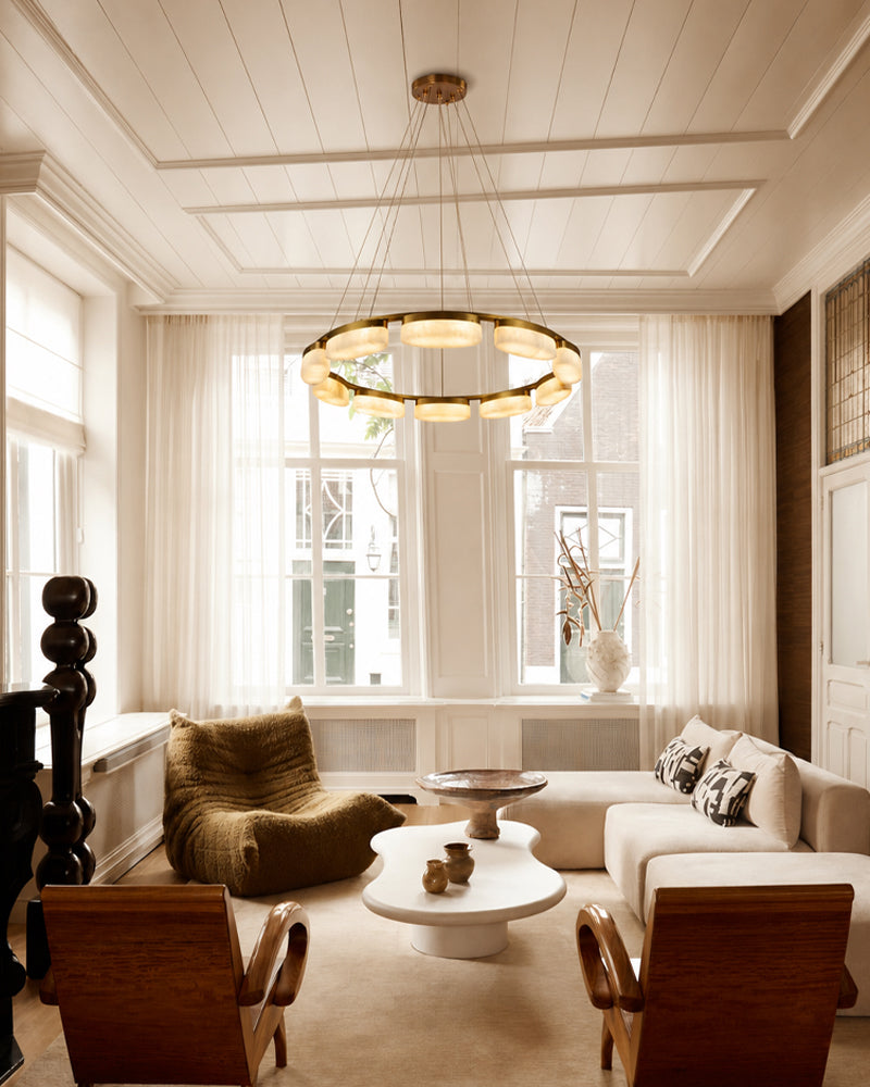 Alabaster Concentric Ring Disc Swirl Circular Pendant Light - Natural Spanish Alabaster, Lux Brass Trim - Kitchens, Dining & Living Rooms
