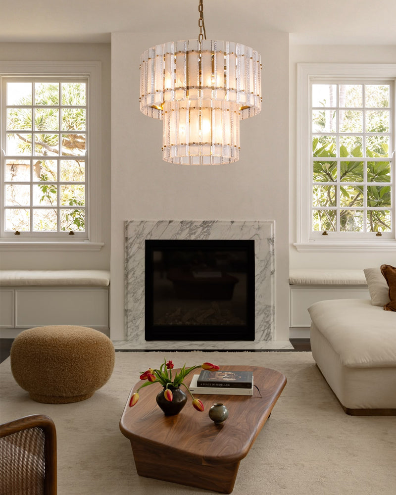 Solstice Aura Ghiaccio Glass Double Tier Drum Chandelier - Lux Gold Trim - Foyers, Dining Rooms & Living Rooms