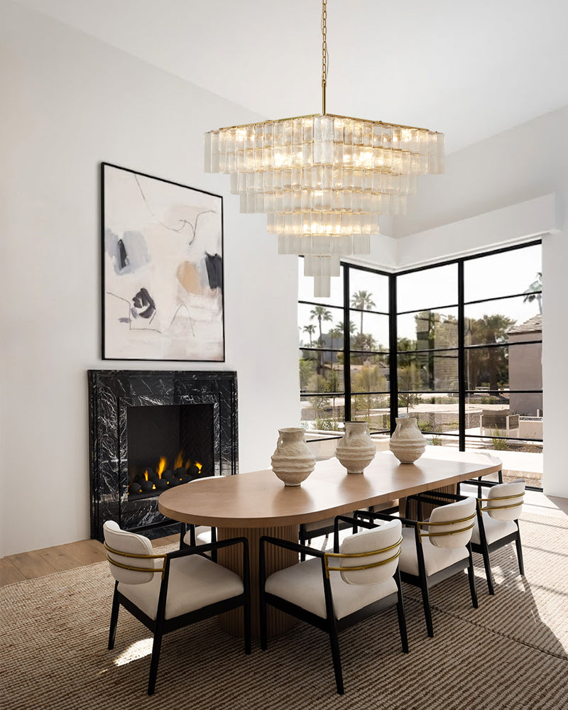 Parisian Cascading Waterfall Crystal Ghiaccio Prism Chandelier - Textured Glass, Lux Gold Trim - Living Rooms, Bedrooms, Dining Rooms