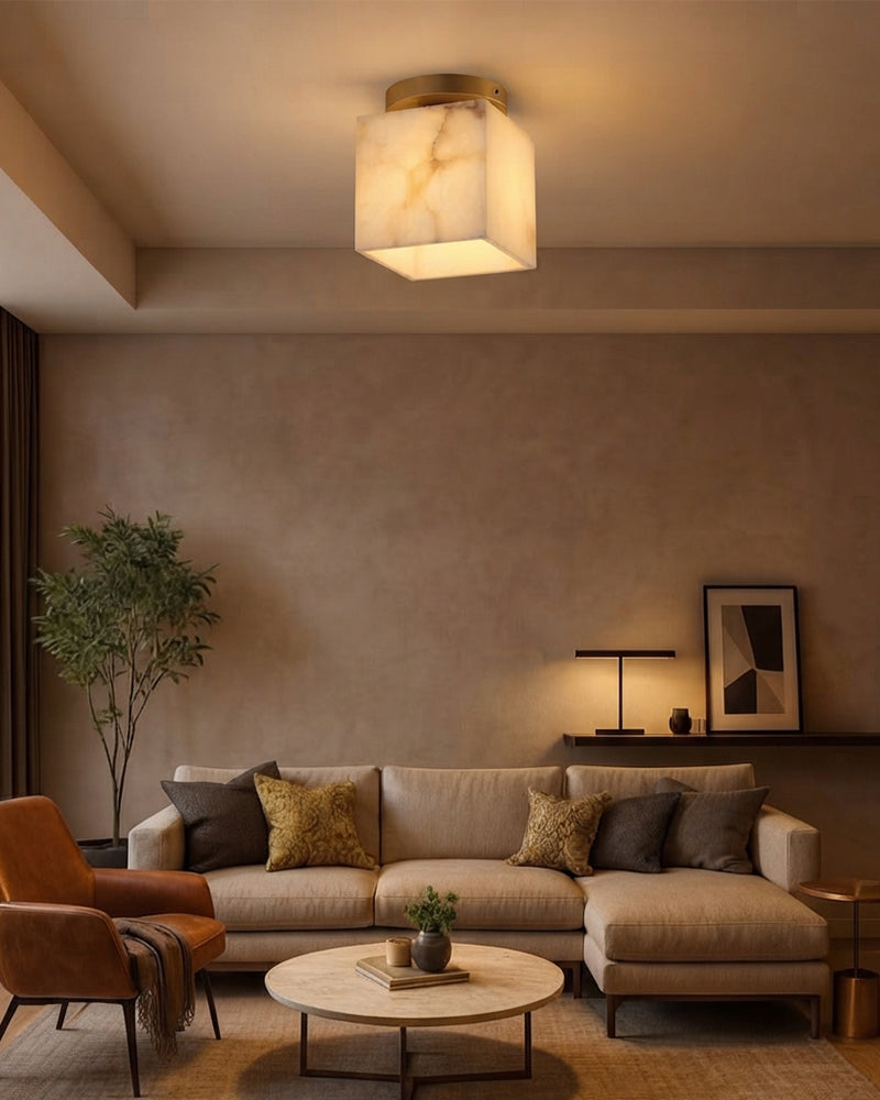 Alabaster Cube Ceiling Light - Natural Spanish Alabaster, Flush Mount, Heritage Brass Trim - Bedrooms, Hallways, Bathrooms & Living Rooms