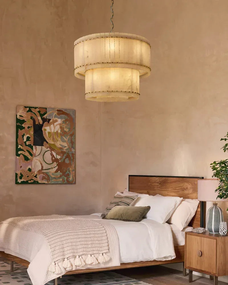 Val d’Isère Series Architectural Chandelier | Linear Tiered Hand-carved alabaster panels and mid-century steel, Mid-century steel finish for Dining rooms, foyers, and offices American Vintage chandelier lamp