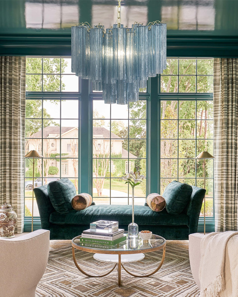 Elegant  Murano Hand-blown Blue Glass Tube Multi-Tier Chandelier in Silver Frame