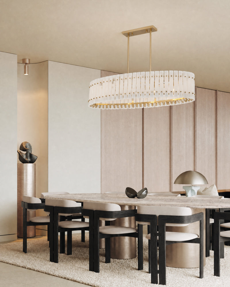 Burton Alabaster Gold Studded Panel Linear Oval Pendant Light - Natural Spanish Alabaster Panels, Lux Gold Trim - Kitchen Islands & Dining Rooms