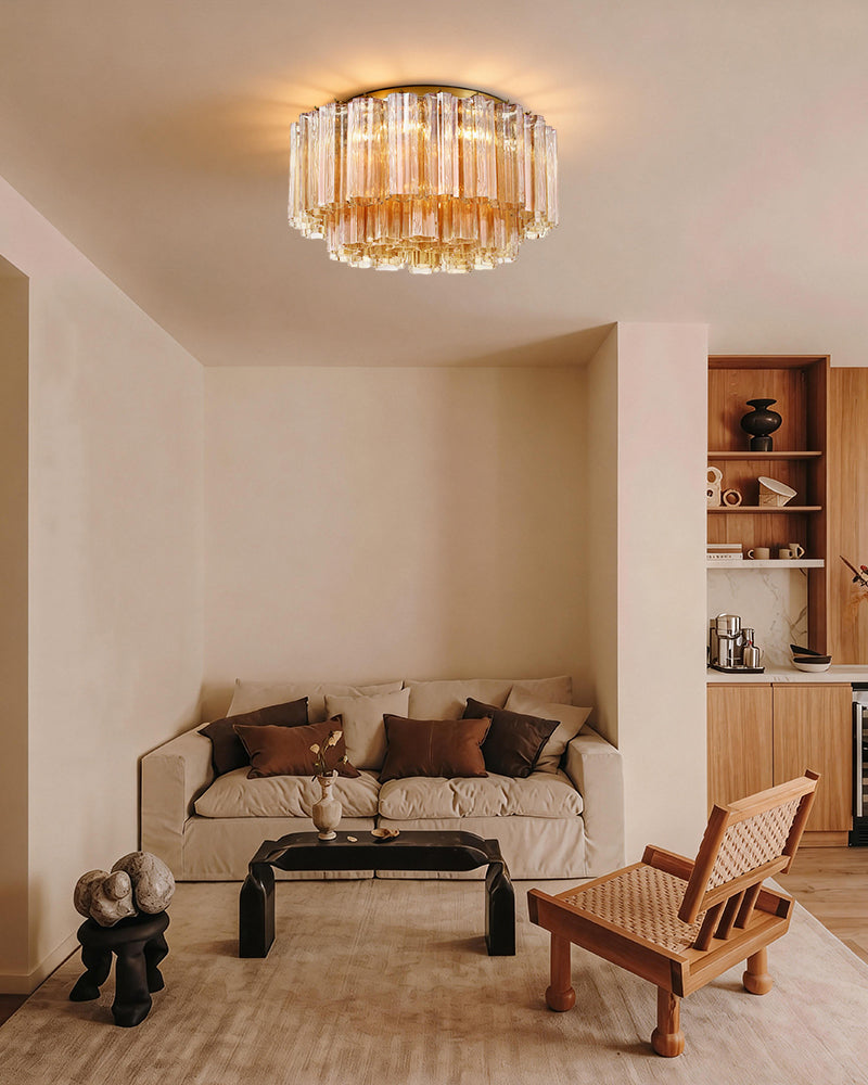 7 Lights Amber Glass Tubes Semi-Flush Ceiling Mount Lights Wide 23in Aged Brass/Black Frame Flush Mounted Ceiling Lamp