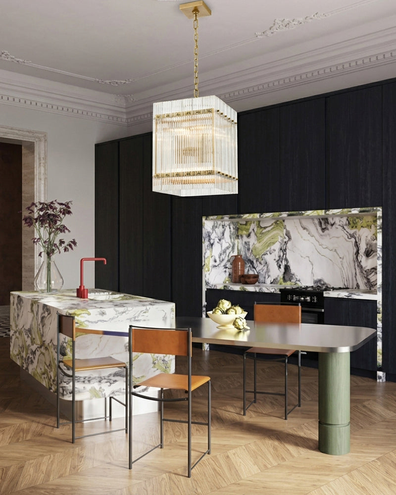 Solstice Aura Fluted Glass Lantern Cube Pendant Light - Lux Gold Trim - Living Rooms, Dining Rooms & Hallways