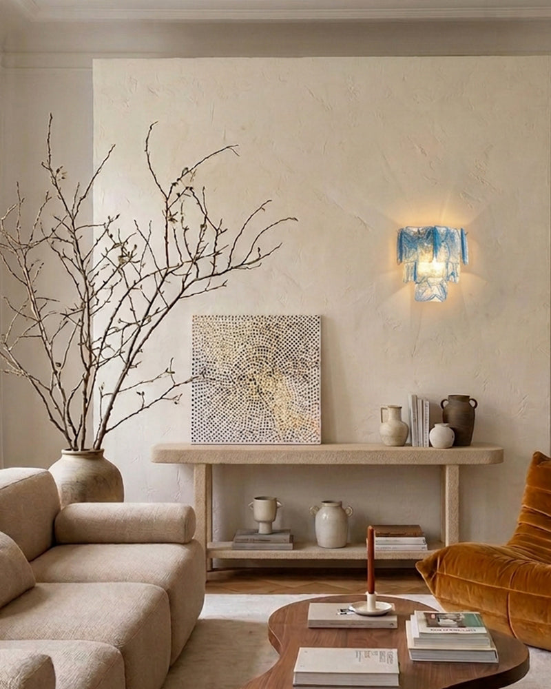 Murano Glass Azure Blue Tiered Ghiaccio Wall Light Sconce - Flush Mount, Lux Brass Trim - Dining Rooms & Living Rooms