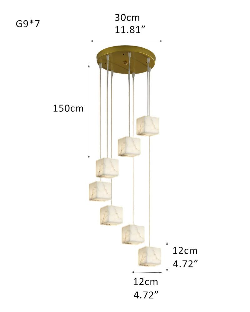 Elegant five-light square chandelier in white alabaster with gold mount, 30cm wide.