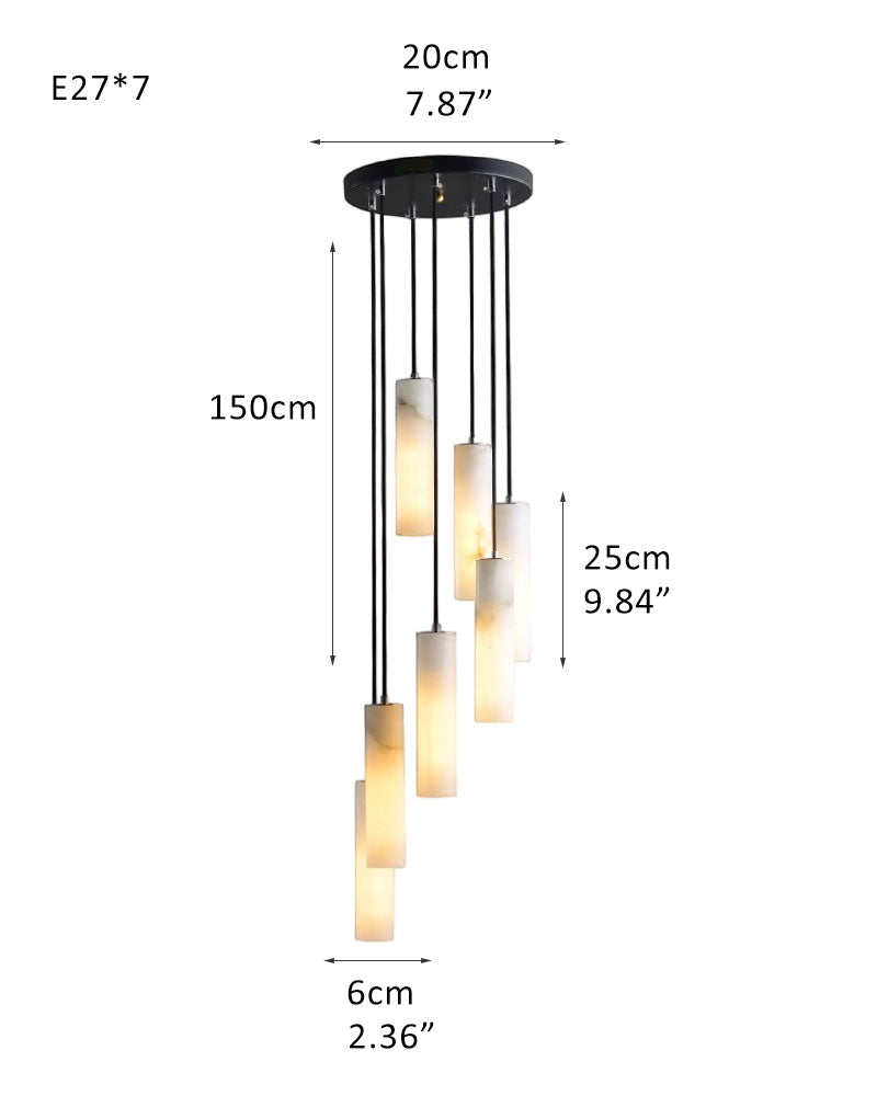 Dimensions of five hanging cylindrical alabaster pendant lamps for modern interiors.