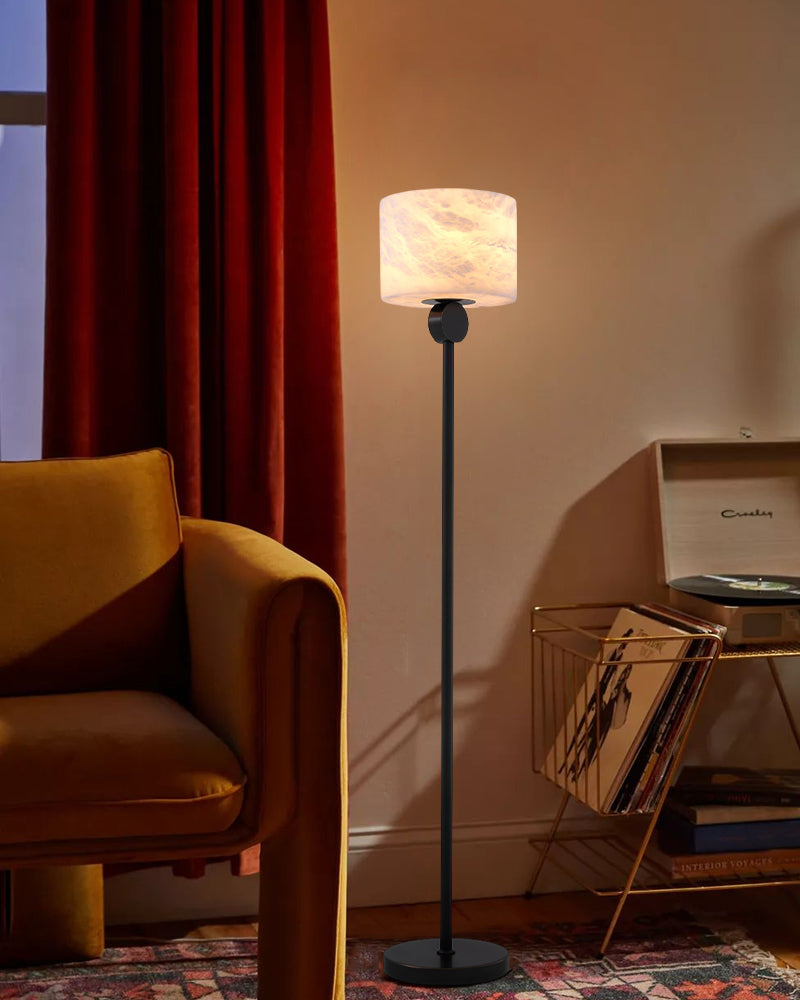 Alabaster Cube Headed Antique Stem Floor Lamp - Natural Spanish Alabaster, Serene Black Base - Bedroom & Living Rooms
