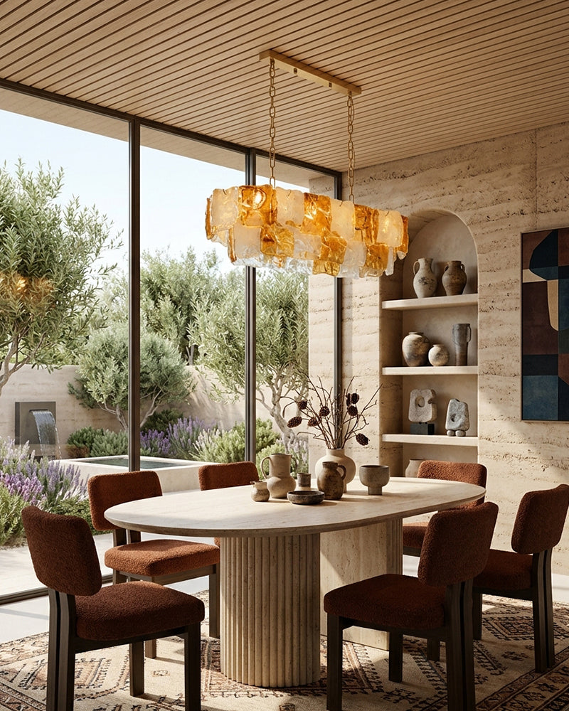 Chiara Murano Glass Contemporary White Amber Panel Linear Chandelier - Lux Gold Trim - Kitchen Islands & Dining Rooms