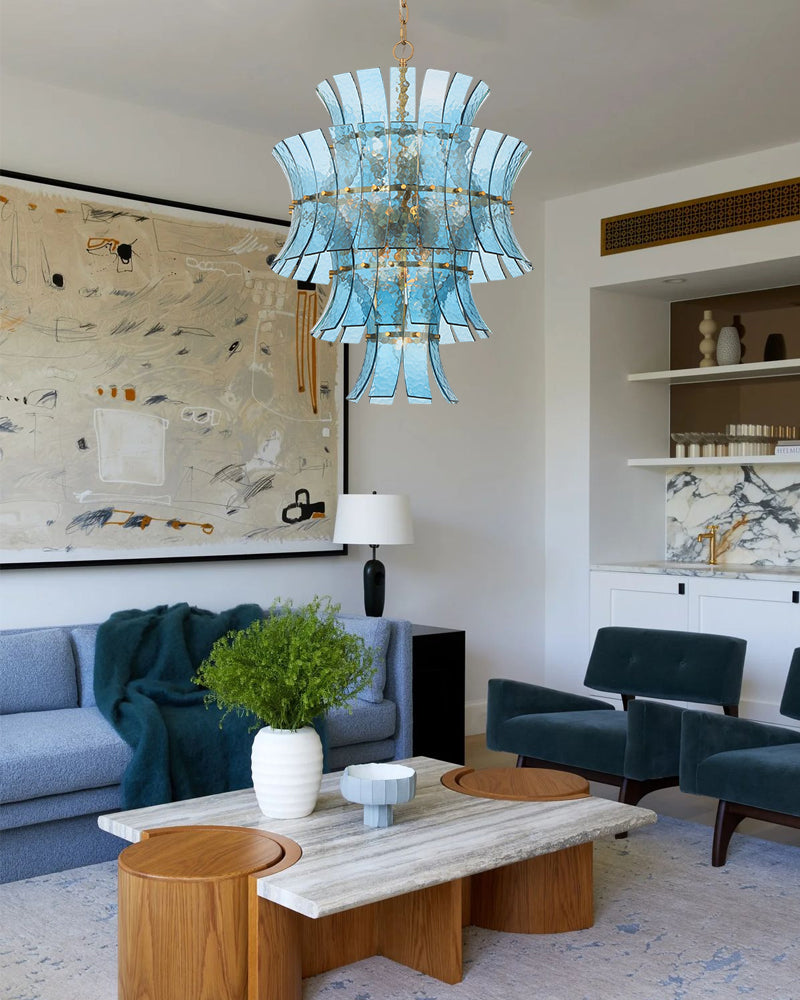 Ghiaccio Glass Azure Blue Cascade Multi Tiered Waterfall Chandelier - Heritage Brass Trim - Living Room & Dining Room