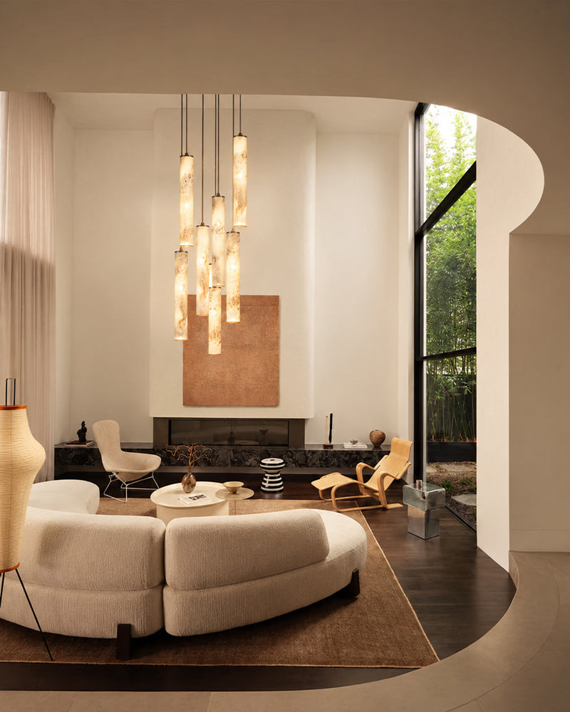 Cora Alabaster Halo Capsule Cluster Pendant Light - Natural Spanish Alabaster, Lux Gold Trim - Foyer, Stairwells & Living Rooms